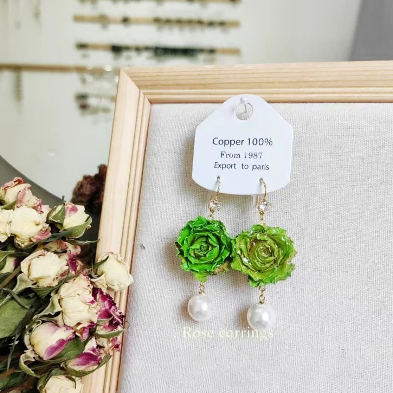 Unique Immortal Flower Earrings Elegant Natural Flower Pearl Drop Earrings Statement Jewelry Epoxy Resin Real Rose Earring 2024