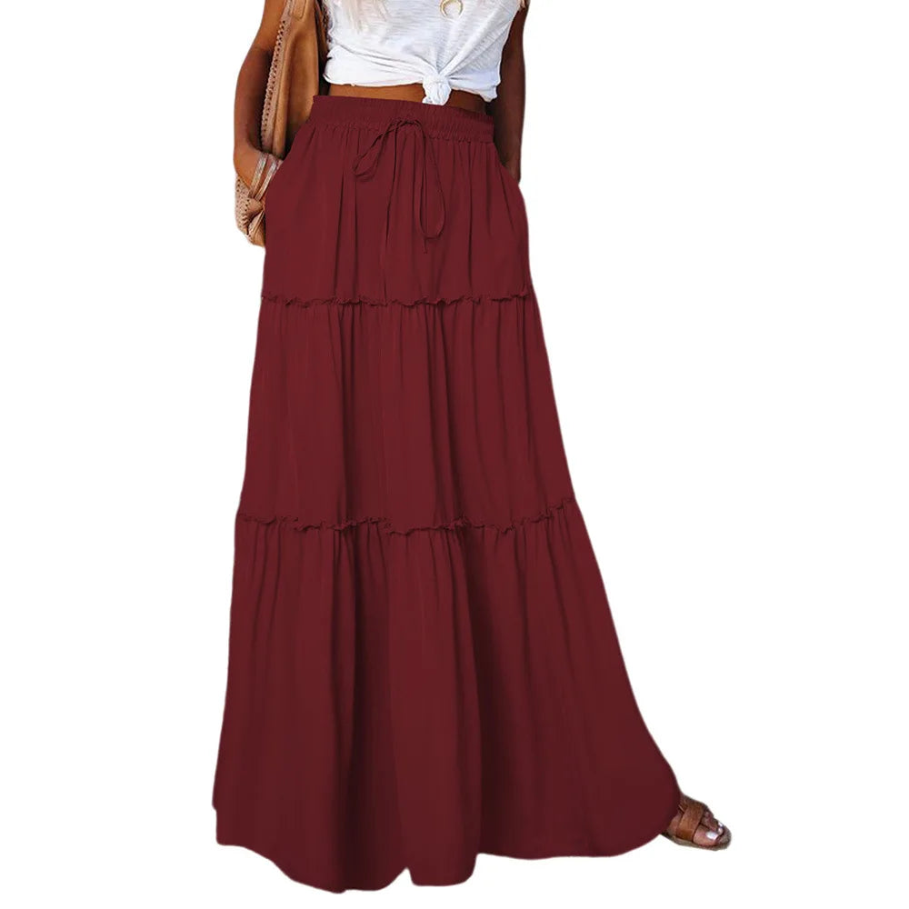 Women's Spring  Autumn New Long Skirt Solid Color Fashionable Mushroom Layered Skirt High Waist Elastic Ruffle Skirt