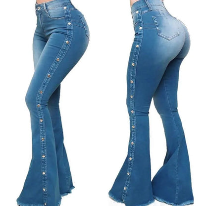 Jeans High Waist Strecth Denim Flare Pants Women Vintage Trousers Buttons Denims Streetwear 2024 Autumn Female Floor Length