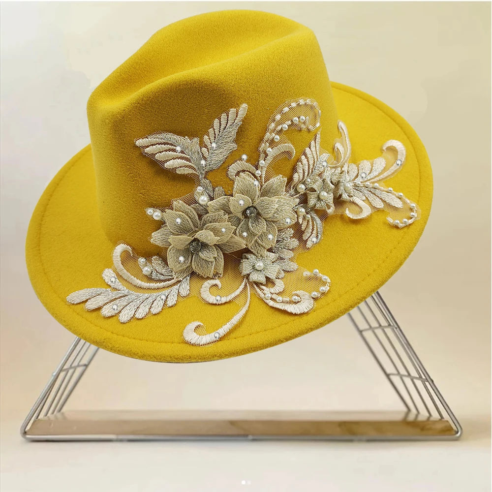 Embroidered three-dimensional flower fedora hat Women's jazz top hat Spring and autumn panama church fashion elegant wedding Hat