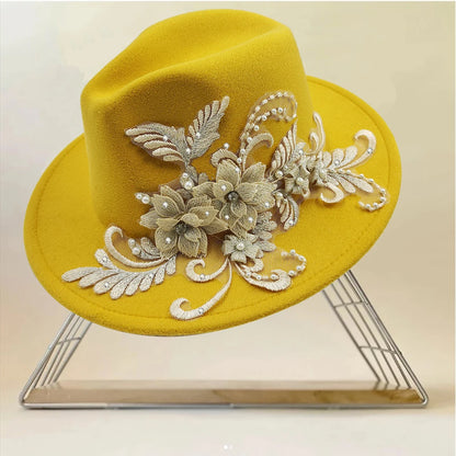 Embroidered three-dimensional flower fedora hat Women's jazz top hat Spring and autumn panama church fashion elegant wedding Hat