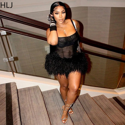 HLJ Black Sexy Mesh Perspective Patchwork Party Nightclub Dresses Women Thin Fur Mini Suspended Dress Female Halloween Clothing