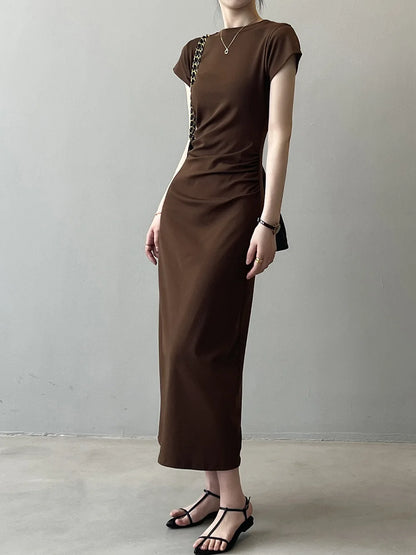 Slim Fit T-irt Dr Women's Spring Summer ort Sve Pleated Waist Cinching A-Line Midi Dr Small Stature 50