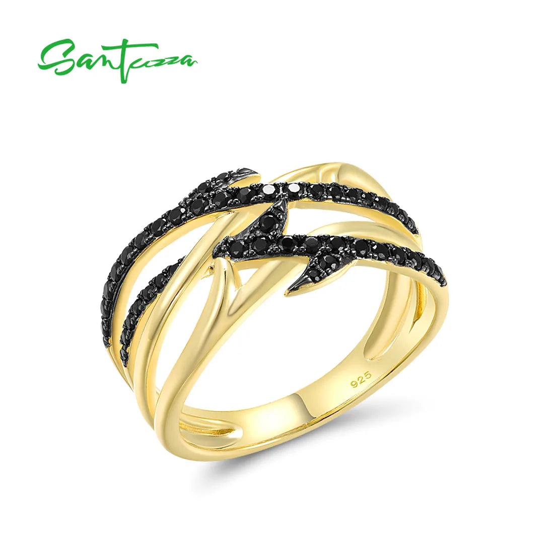SANTUZZA  Authentic 925 Silver Rings For Women Sterling Silver Black Spinel Yellow Plated Unique Elegant Handmade Fine Jewelry