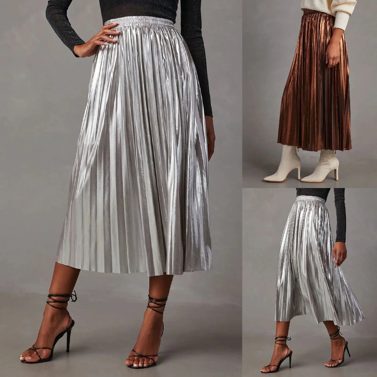 Silver A Line Skirts Hot Stamping Shiny Pleated High Waist Pleated Skirt Anti Permeability Length Autumn Shinny Korean Bottoms
