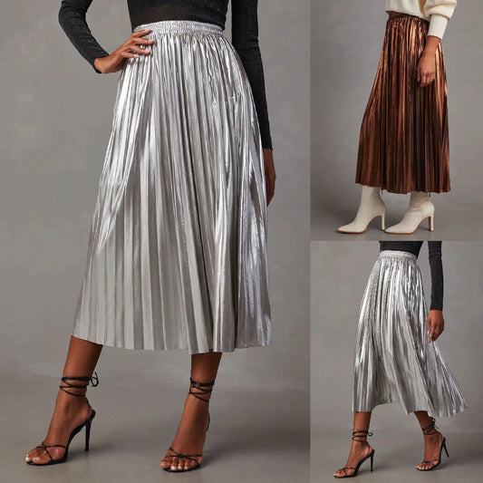 Silver A Line Skirts Hot Stamping Shiny Pleated High Waist Pleated Skirt Anti Permeability Length Autumn Shinny Korean Bottoms