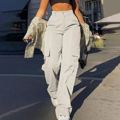 Ladies' Street Fashion Multi Pocket Cargo Pants Summer Solid Color Straight Leg Pants High Waist Slimming Loose Fit Cargo Pants