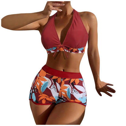Women's Paneled Printed Swimsuit Ladies Fashion Sexy Split Boxer High Waist Swimsuit Two-Piece Set V-Neck Bathing Suits Female