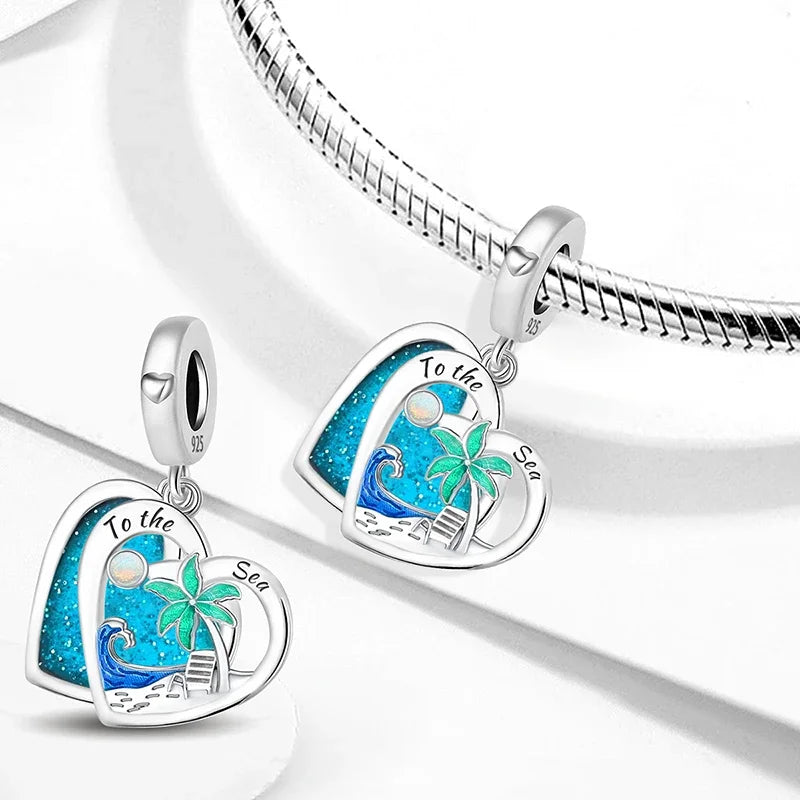 925 Sterling Silver Jellyfish Seahorse Blue Ocean Series Charms Beads Fit Diy Bracelet Making Gift of Fine Jewelry for Womens