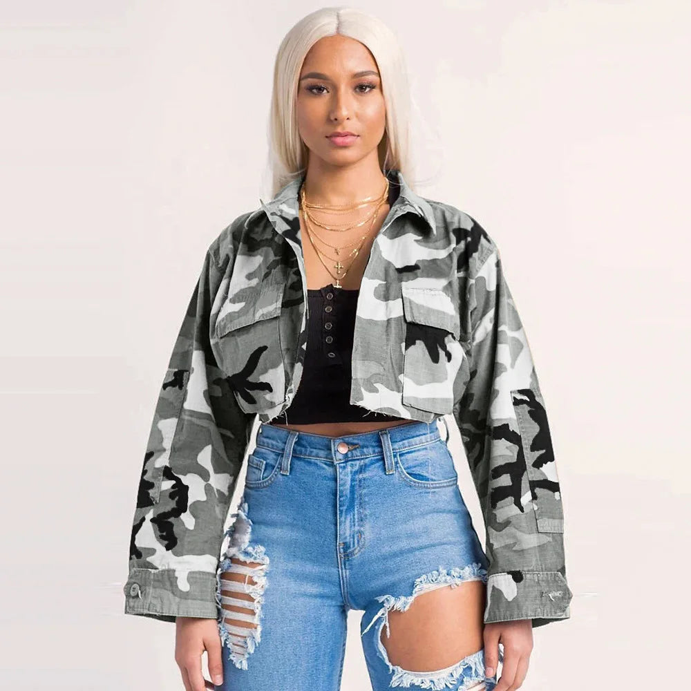 Women's Clothes Coats Casual Fashion Camouflage Print Large Pocket Lapel Long Sleeve Short Jacket for Women