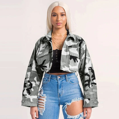 Women's Clothes Coats Casual Fashion Camouflage Print Large Pocket Lapel Long Sleeve Short Jacket for Women