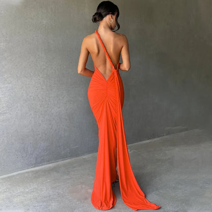 Hugcitar One Shoulder Backless Adjustable Scarf Loop Ruched Sexy Maxi Dress 2025 Women Elegant Y2K Streetwear Festival Outfit
