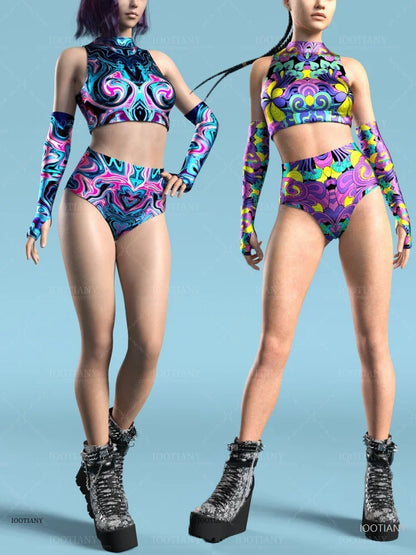 Adult Sleeveless Multicolor Role Play Bodysuit Swimsuit Women Sexy Hollow Off Shoulder Graffiti Art Bodycon Performance Costume