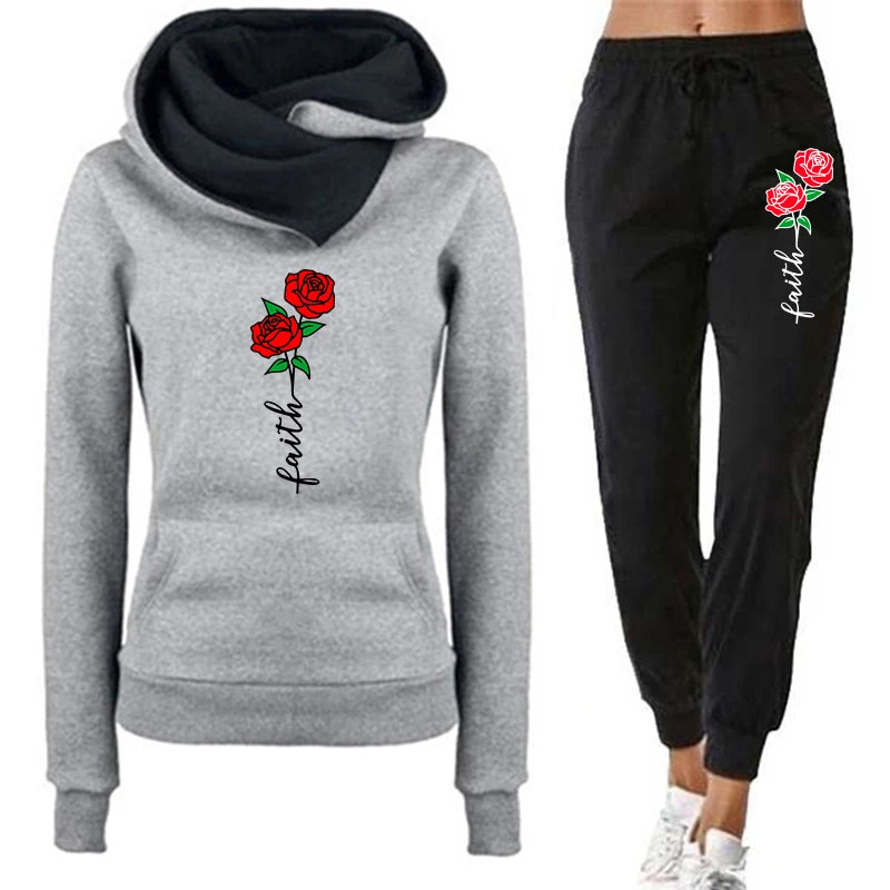 Autumn Women Winter 2-Piece Printed Hoodie Pants Sportswear Sports Suit Hooded Sweatshirt Suit Women Jogging Calas Cargo Femina
