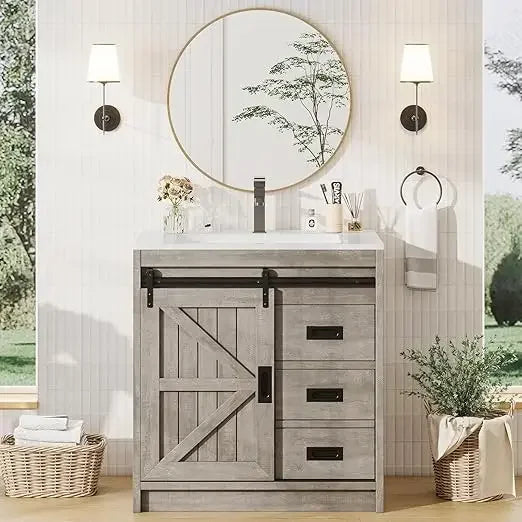 Farmhouse Bathroom Vanity with Sink Combo,Sliding Barn Door Bathroom Vanity Cabinet Set with Storage Drawers, Metal Handles
