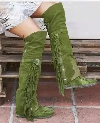 Fashion Bohemia Knee-length Women Boots Ethnic Personality High Boots Tassels Faux Suede Boots Girl Flat Bottom Long Botas Mujer