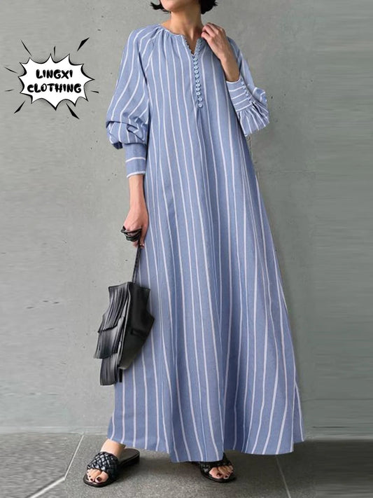 Women's 2023 Cotton Linen Stripe Round Neck Long Sleeve Simple Loose Long Pullover Dress Vintage Elegant Women's Dress Robe
