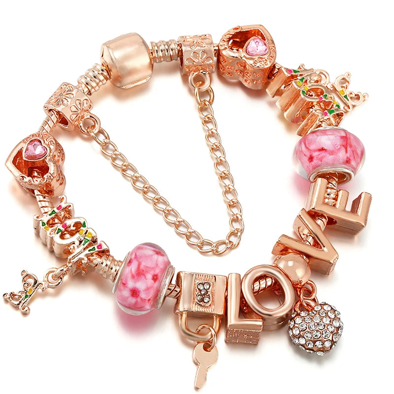 Spring Style Charms Bracelets For Women With Snake Chain Pink Daisy DIY Charms Beads Pendants Fashion Jewelry Dropshipping