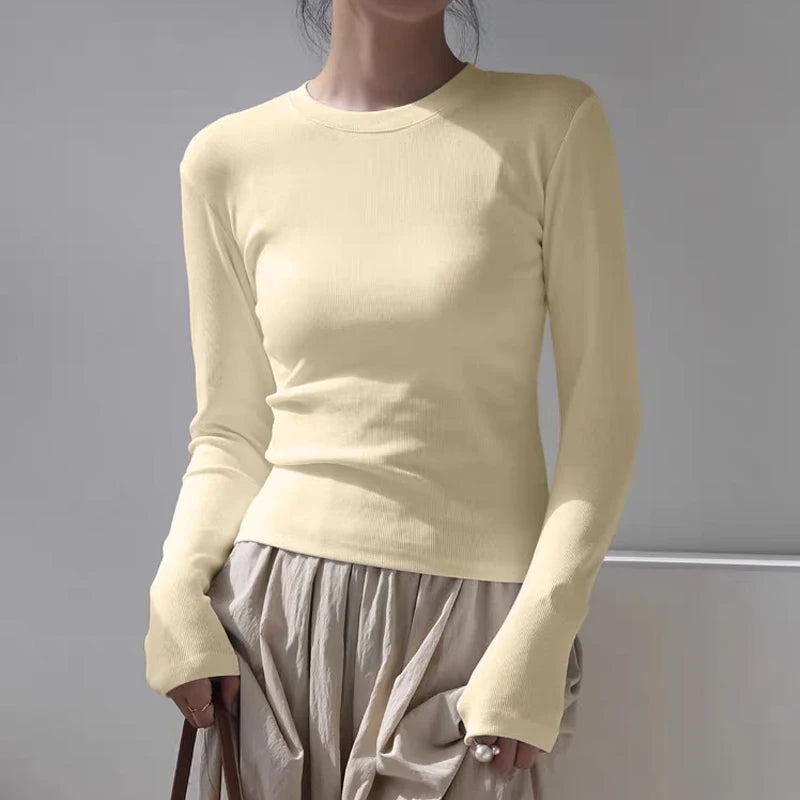 Cotton O Neck Long Sleeve Shirt Women Sexy Cropped Tops 2025 Autumn Black Casual Skinny Slim Basic Woman T Shirts White Clothing