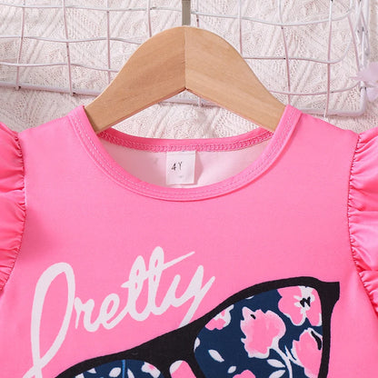 Kids Clothes Sets For Girls Pink Graffiti Print Fly-Sleeve Clothes And Print Shorts Children's Fashion 2PCS For Girls 4-7 Years