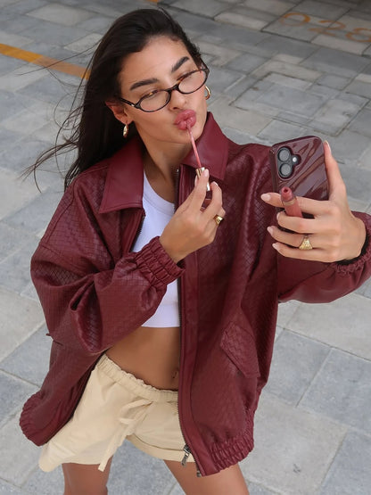 Dulzura 2025 Autumn Fashion Casual Turn-Down Collar Long Sleeve Zipper Slim Woven Leather Jacket Party Club Street Style Clothes