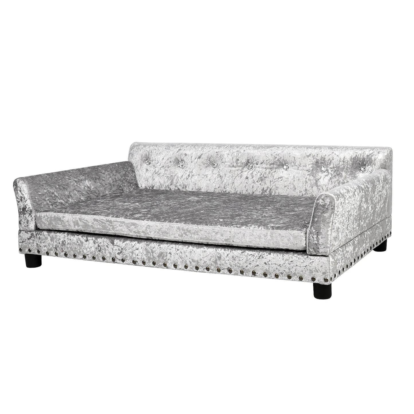 Luxury Velvet Tufted Dog Sofa Bed Large Elevated Pet Bed Upholstered Cushion Wooden Frame Raised Puppy Sofa Couch