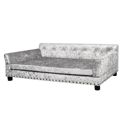 Luxury Velvet Tufted Dog Sofa Bed Large Elevated Pet Bed Upholstered Cushion Wooden Frame Raised Puppy Sofa Couch