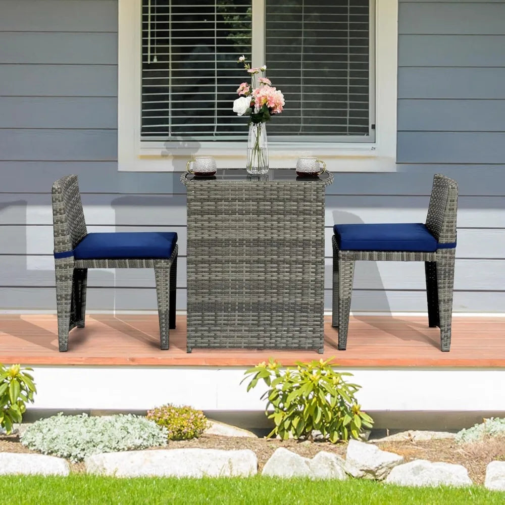 3 PCS Wicker Outdoor Patio Bistro Set, Patio Furniture Set，Space with Glass Top Table Dining Chairs,  for Garden Yard Porch