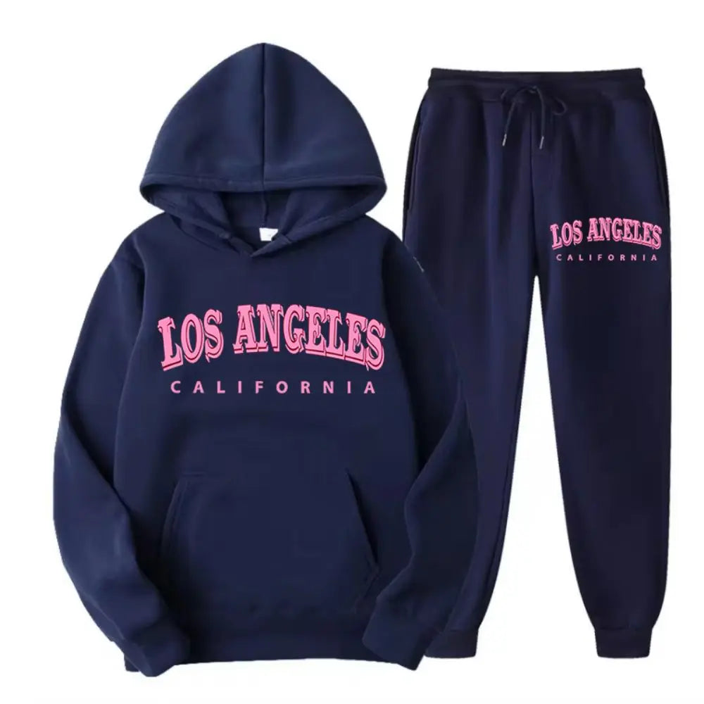 Two Piece Set Street Womens Hoodie & Pants Fleece Pocket Loose Pullover Los Angeles California Print Clothes Fashion Sportswear