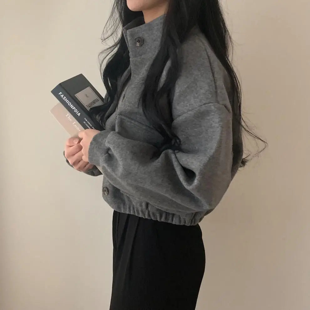 Autumn and Winter Loose Wool Coat for Women's Pocket Stand Collar Top Long Sleeve Button Hong Kong Style Wool Coat