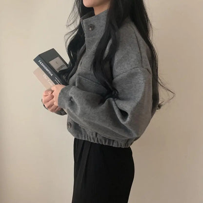 Autumn and Winter Loose Wool Coat for Women's Pocket Stand Collar Top Long Sleeve Button Hong Kong Style Wool Coat