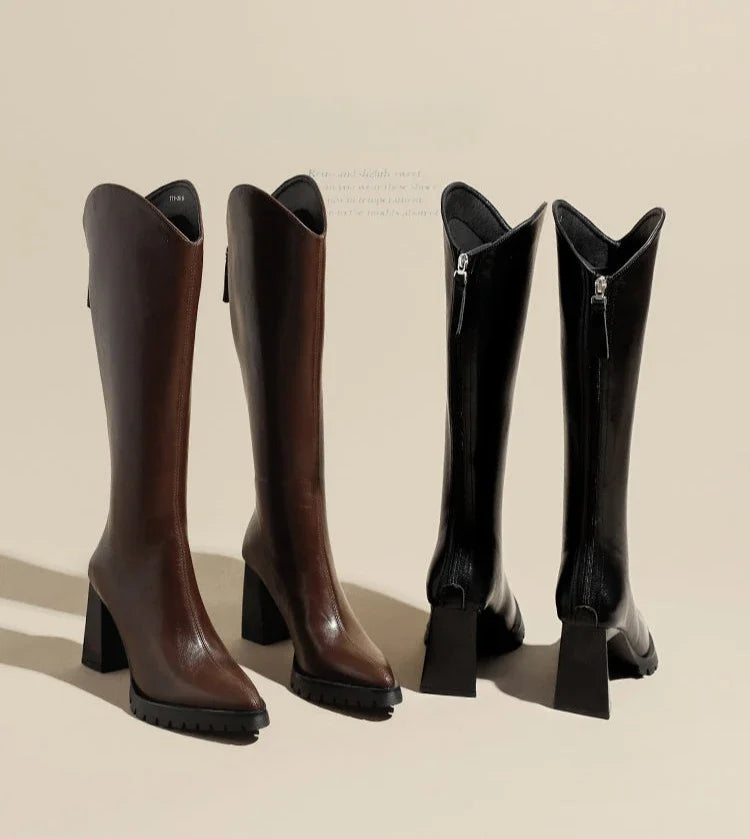 Elegant Heeled Women's Long Boots High Heels Leather Brown Ladies Knee Shaft Shoes Pointed Toe Waterproof Y2k Chic New Rock Work