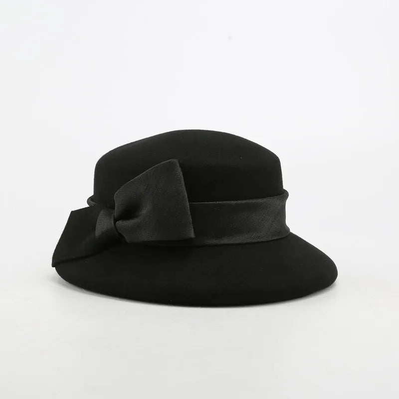 FS Fashion Warm Wool Felt Women's Fedoras Simple Chic Hats Bowknot Bucket Cap Ladies Top Hat Vintage Caps For Women