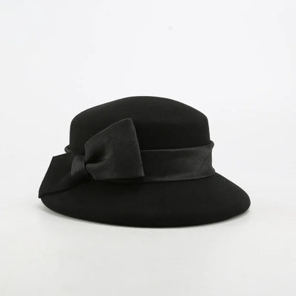 FS Fashion Warm Wool Felt Women's Fedoras Simple Chic Hats Bowknot Bucket Cap Ladies Top Hat Vintage Caps For Women