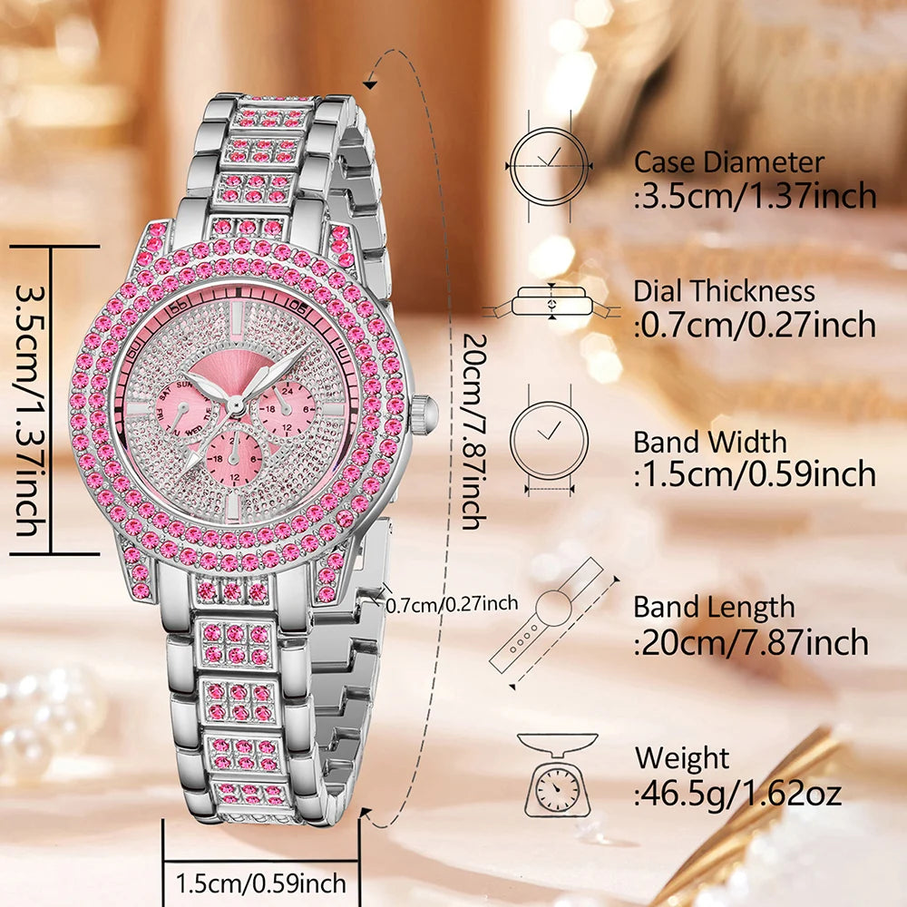 Pink Watch Women's Bracelet Necklace Jewelry Set Elegant Fashion Watch Women's Casual Watch Bracelet Set Clock (No Box)