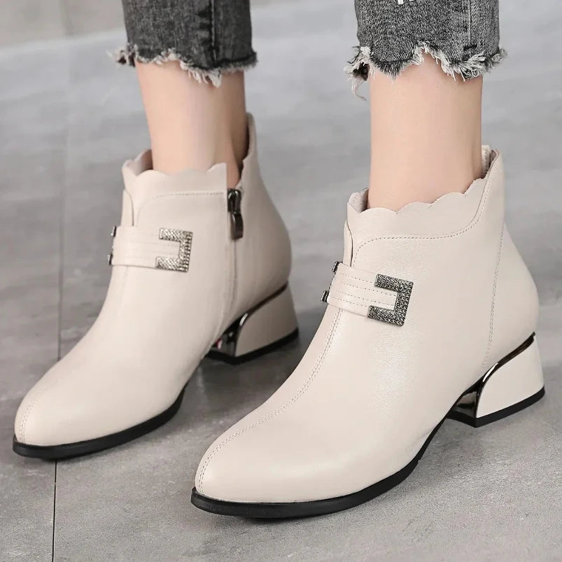 2025 Fashion Genuine Leather Ankle Boots Women Thick Heels Zipper Pointed Toe Autumn Winter Woman Shoes Soft Sole Short Boots