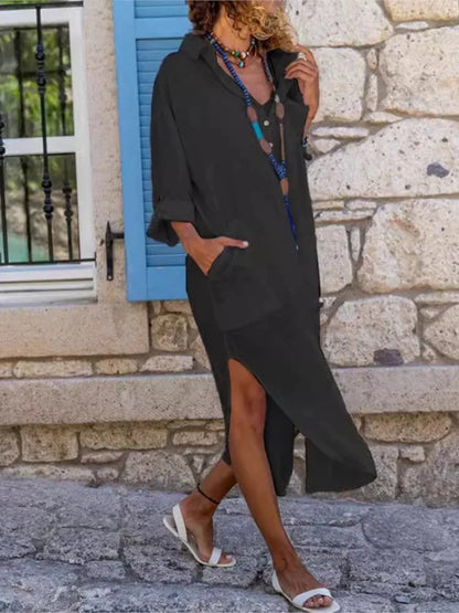 Spring/Summer Women's Fashion Solid Color Button Split Loose Shirt Dress Casual Long Sleeved Polo Collar Cotton Lined Dresses
