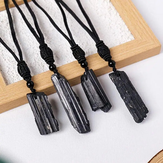 1pc Fashion Crystal Gem Healing Stone Black Tourmalines Stone Pendant Necklace Natural Raw Stone Necklace