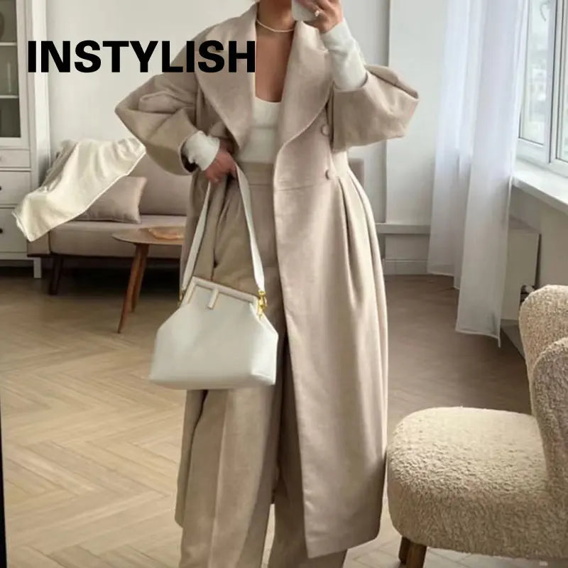 Winter Coat for Women Elegant Lantern Sleeve Lapel Collar Trench Coats Vintage Chic Long Jackets Overcoat 2023 Luxury Outwear