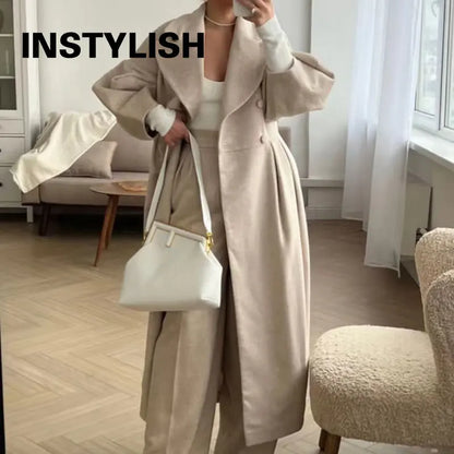 Winter Coat for Women Elegant Lantern Sleeve Lapel Collar Trench Coats Vintage Chic Long Jackets Overcoat 2023 Luxury Outwear