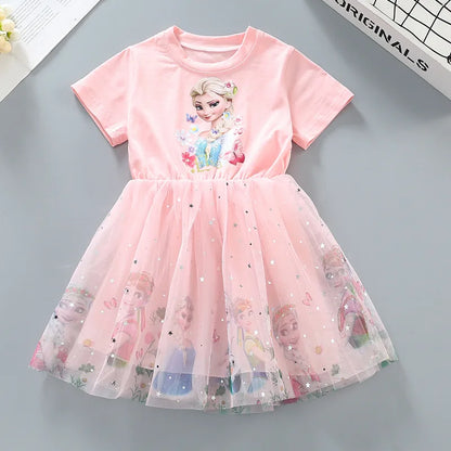 2024 Girls Dress Cartoon Summer Frozen Fashion Children's Elsa Princess Baby Girl Toddler Short Sleeve Cute Party Dresses 3-9Y