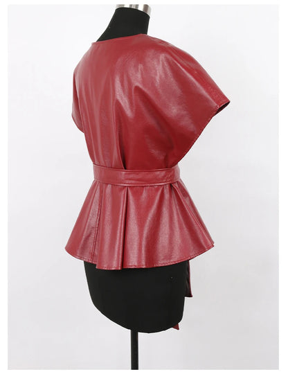 Nerazzurri Spring Short Red Faux Leather Vest Women Belt Runway Fashion Elegant Luxury Designer Clothes Sleeveless Jacket 2022