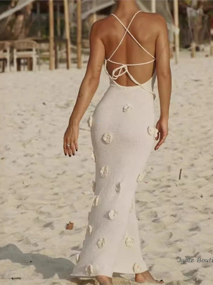 Three-dimensional Flower Knitt Backless Lace Up Vestidos Fashion V-neck Vacation Beach Long Dress Sexy Slim Party Dress 2024 New