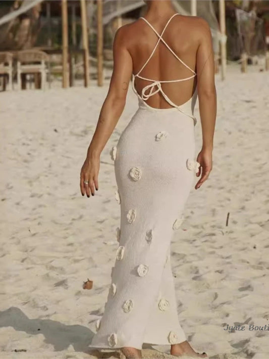 Three-dimensional Flower Knitt Backless Lace Up Vestidos Fashion V-neck Vacation Beach Long Dress Sexy Slim Party Dress 2024 New