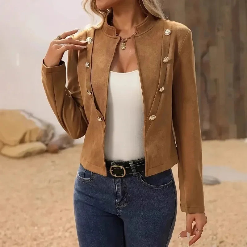 Women's Fashion Stand Neck Long Sleeve Jacket Short Coat Ladies Casual Solid Slim Double-breasted Blazer Elegant Lady Jackets