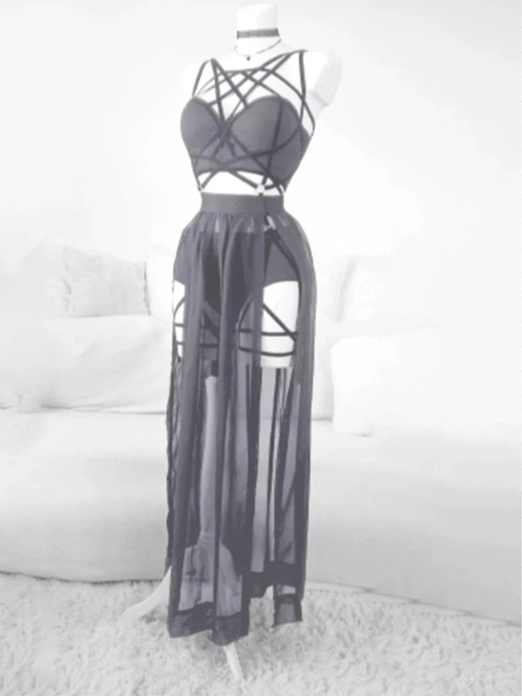 2024 Gothic Club Corsets Sexy Skirt Set See Through Mesh Backless Women Sleeveless Dark Crop Tops Bandage Underpants Skirt 3 pcs