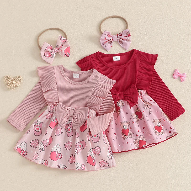 Infant Girls Rompers Dress Valentine s Day Outfit Bear Heart Print Skirt Hem Long Sleeve Spring Jumpsuits with Matching