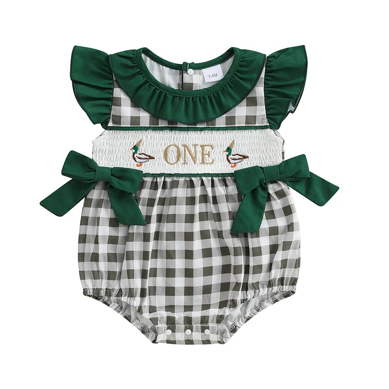 EtherealBe plaid patchwork romper for infants with ruffle sleeves and decorative bows