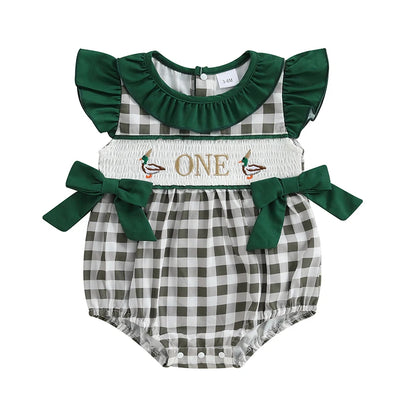 EtherealBe plaid patchwork romper for infants with ruffle sleeves and decorative bows