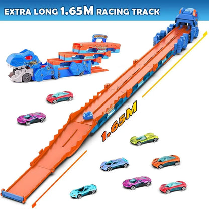 VATOS Dinosaur Transport Truck Car Toy 2 In 1 Ejection Folding Track Toy With Sound Portable 8 Race Cars Set for Kids Boys Gift